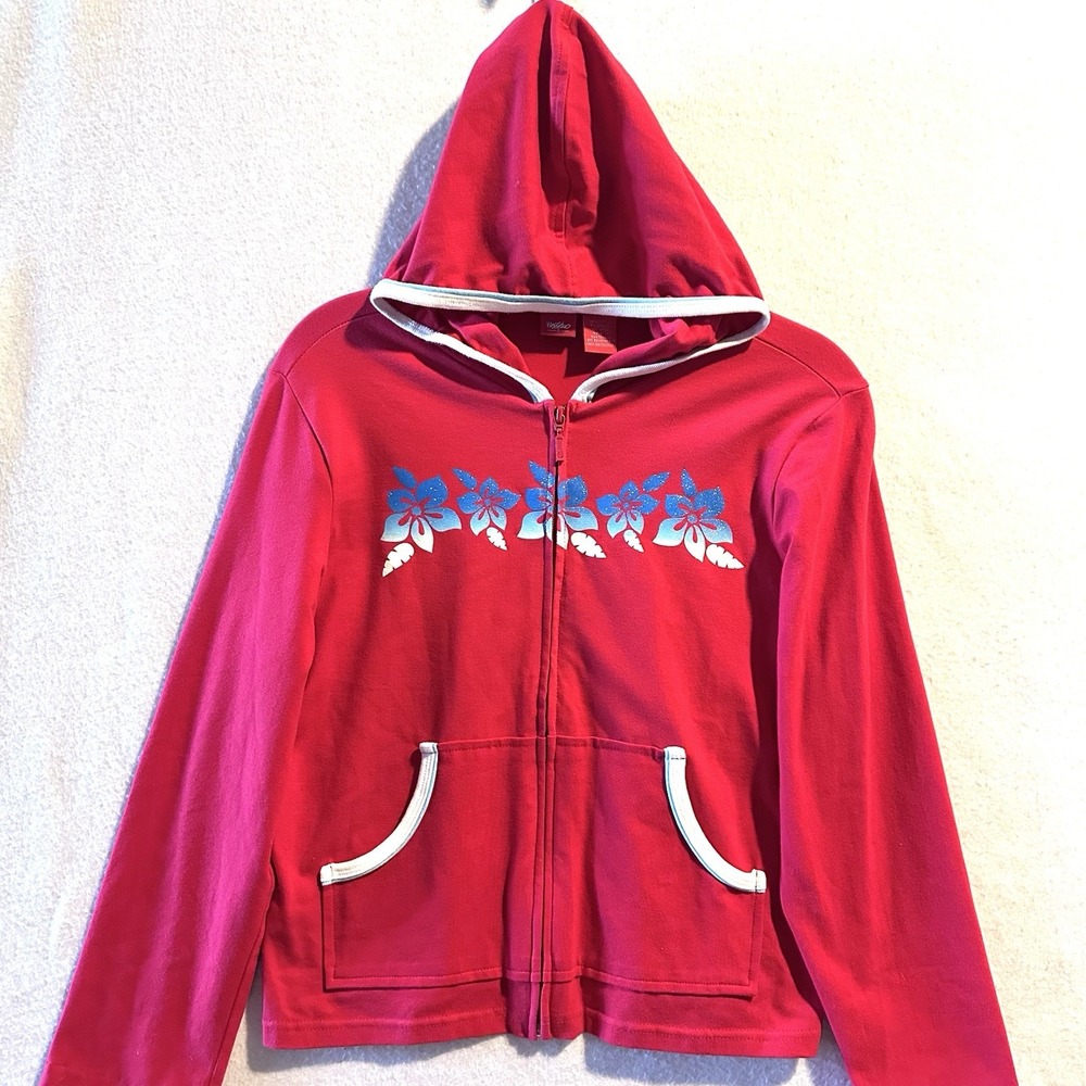 Y2K‎ Mossimo 90s Vintage Junior XL Zip Up Hoodie Jacket Red Hibiscus Aloha Blue